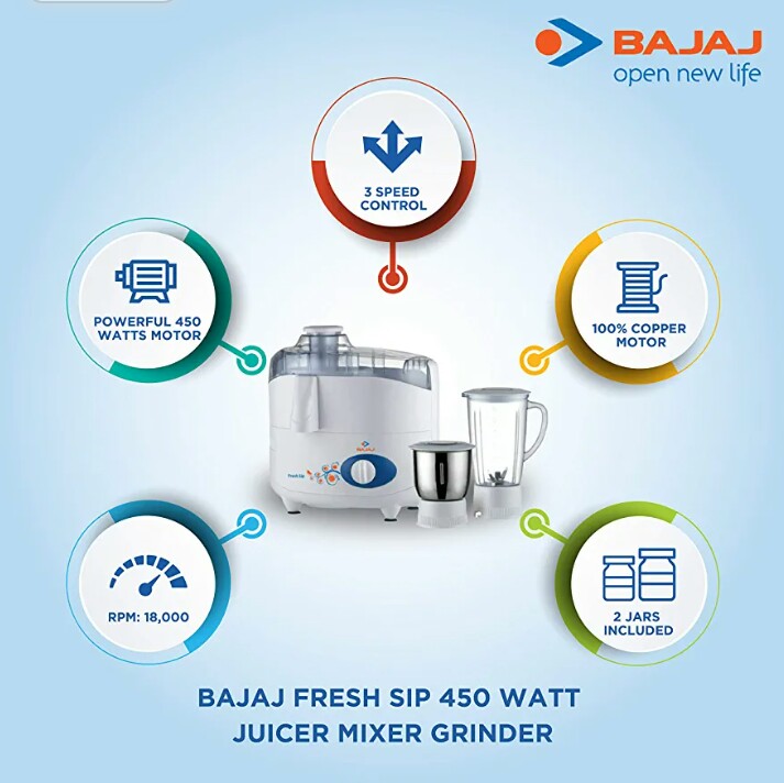 Bajaj Fresh Sip 450 Watt Juicer Mixer Grinder White